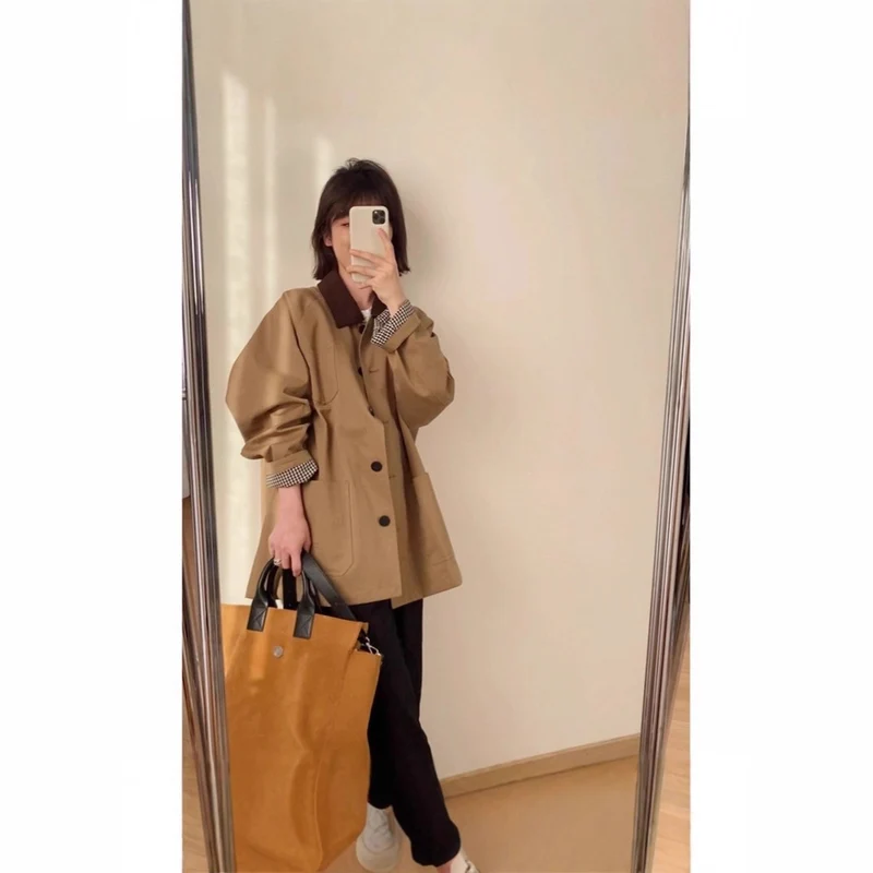 Damen Weite Kurzjacke im Caban-Stil mit Kontrastkragen Drune