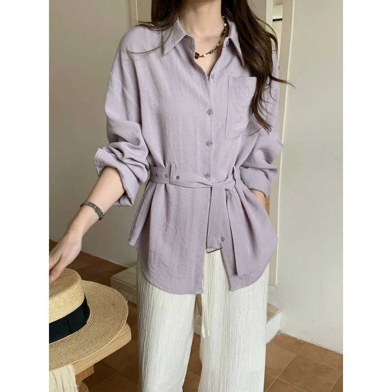 Damen Weit geschnittene Leinen‑Hemdbluse mit Taillengürtel und Brusttasche Drune