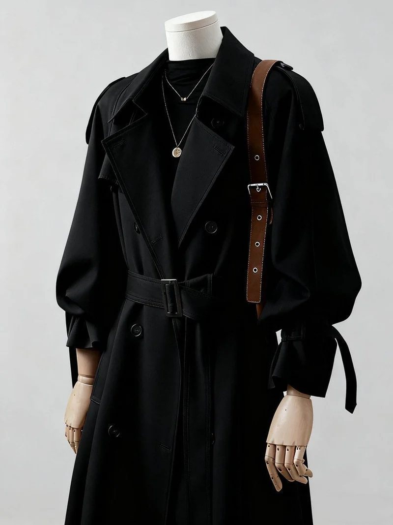 Damen Trenchcoat mit Ballonärmeln, doppelreihiger Schnitt und Taillengürtel Drune
