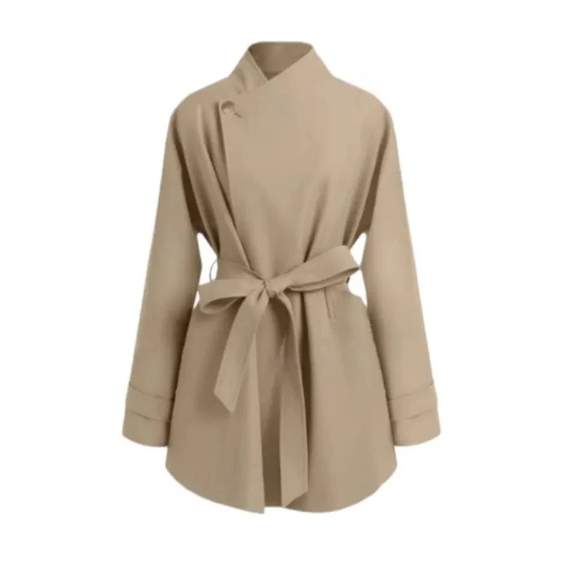 Damen Oversized Wickelbluse mit Stehkragen und Bindegürtel Drune