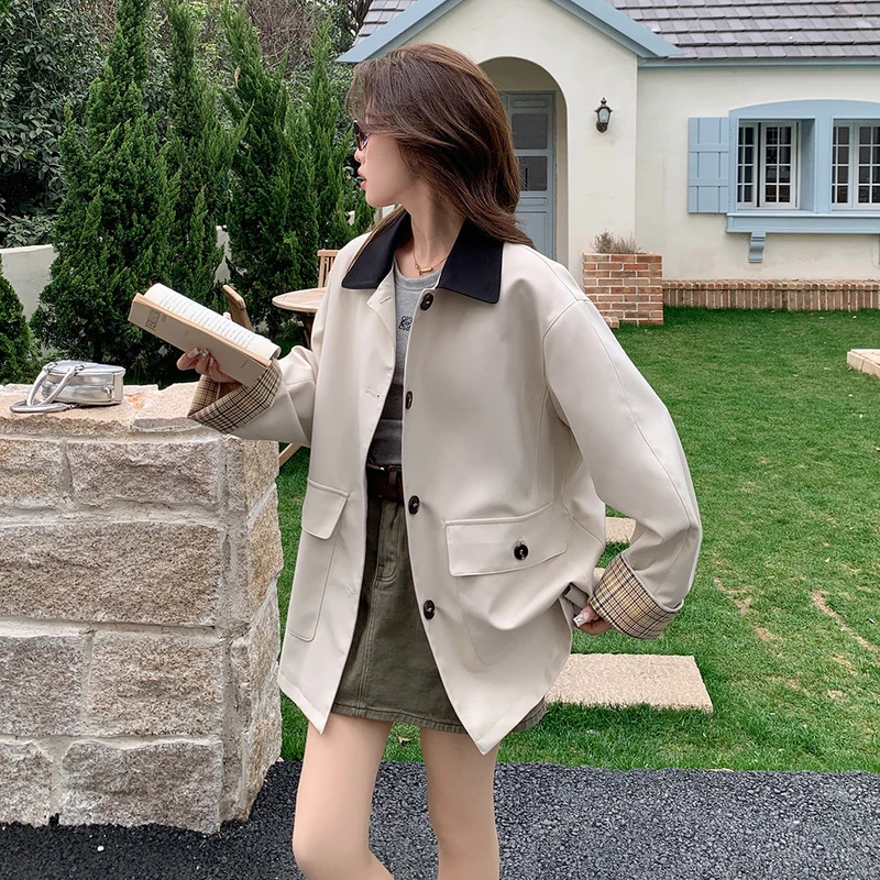 Damen Oversized Übergangsjacke mit Kontrastkragen und karierter Aufschlagmanschette Drune