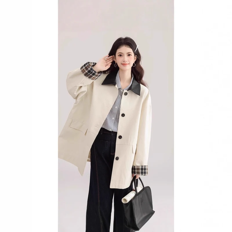 Damen Oversized Trenchcoat mit Kontrastkragen und Karo-Futter Drune