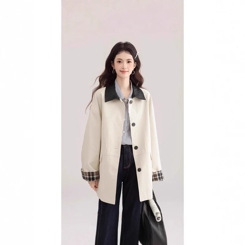 Damen Oversized Trenchcoat mit Kontrastkragen und Karo-Futter Drune