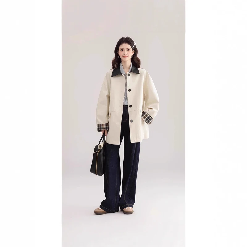 Damen Oversized Trenchcoat mit Kontrastkragen und Karo-Futter Drune