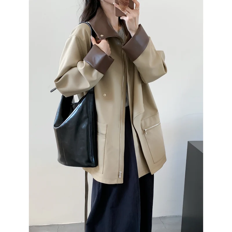 Damen Oversized Trenchcoat mit kontrastierenden Lederbesätzen und Reißverschluss Drune