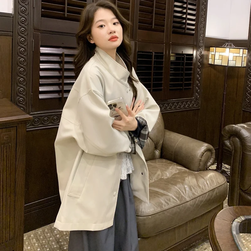 Damen Oversized Kurzmantel mit Stehkragen und kariertem Ärmelfutter Drune