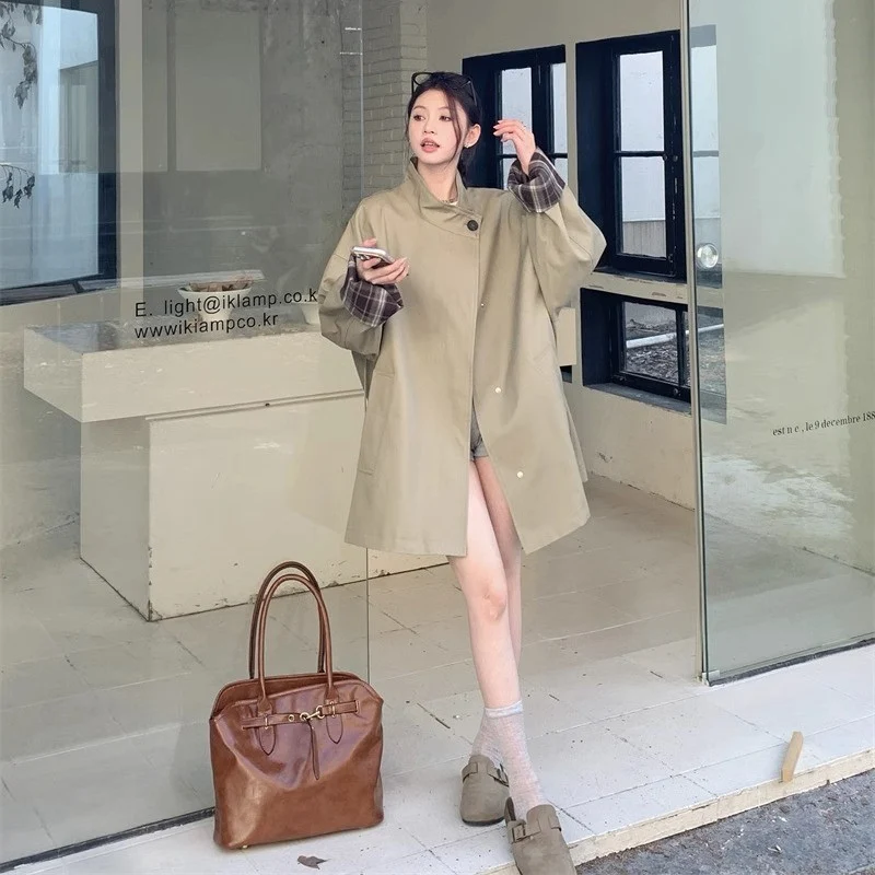 Damen Oversized Kurzmantel mit Stehkragen und kariertem Ärmelfutter Drune