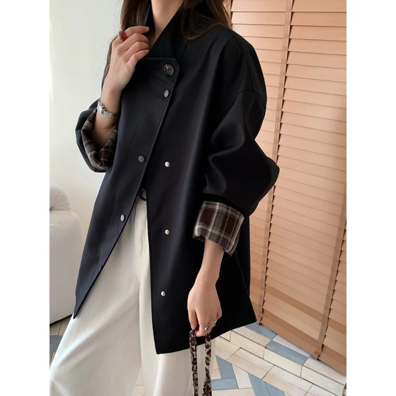 Damen Oversized Kurzjacke mit Druckknopfleiste und karierter Ärmelaufschlag Drune