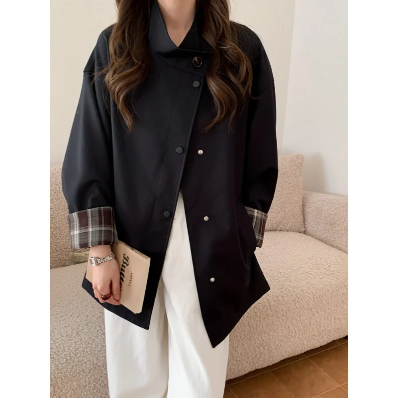 Damen Oversized Kurzjacke mit Druckknopfleiste und karierter Ärmelaufschlag Drune