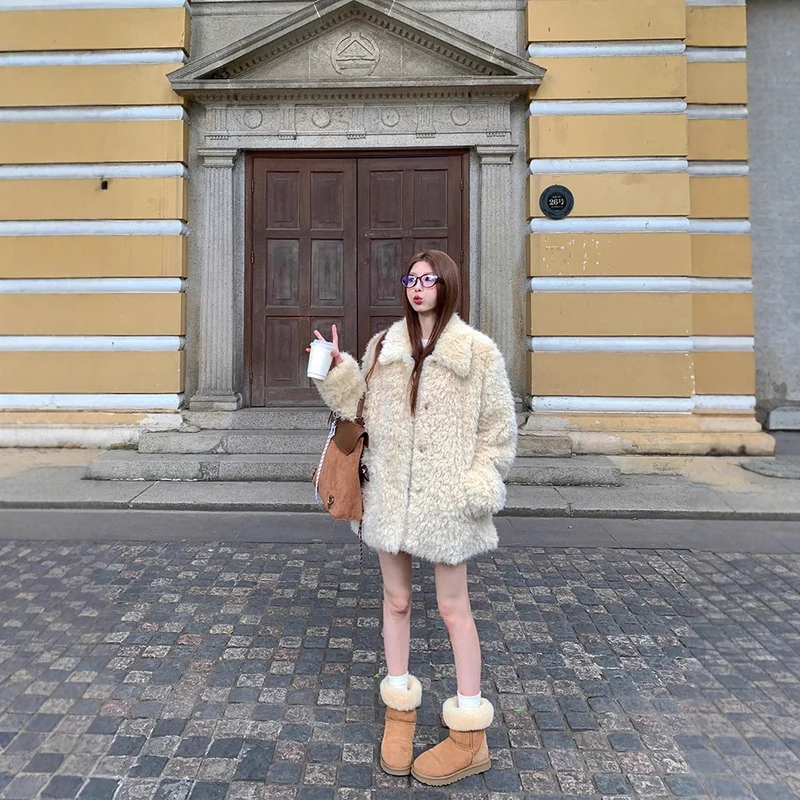 Damen Oversized Kunstfell‑Mantel mit Teddy‑Optik, Stehkragen und Eingrifftaschen Drune