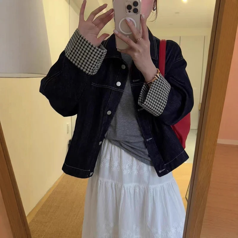 Damen Oversized Jeansjacke mit kontrastiertem Karo-Futter und Umschlagmanschetten Drune