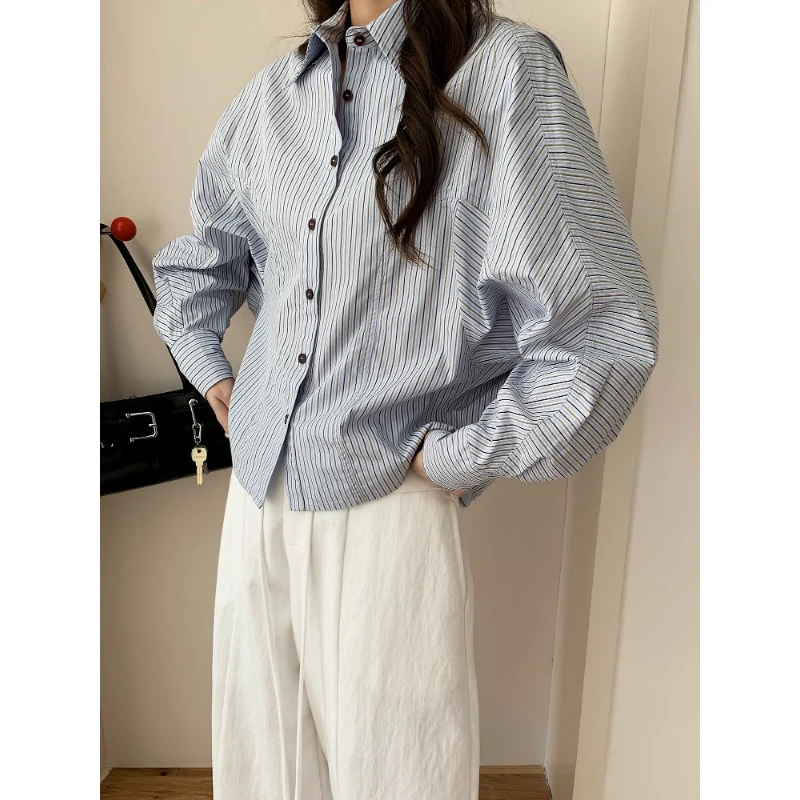 Damen Oversized Hemdbluse mit Streifenmuster und Ballonärmeln Drune