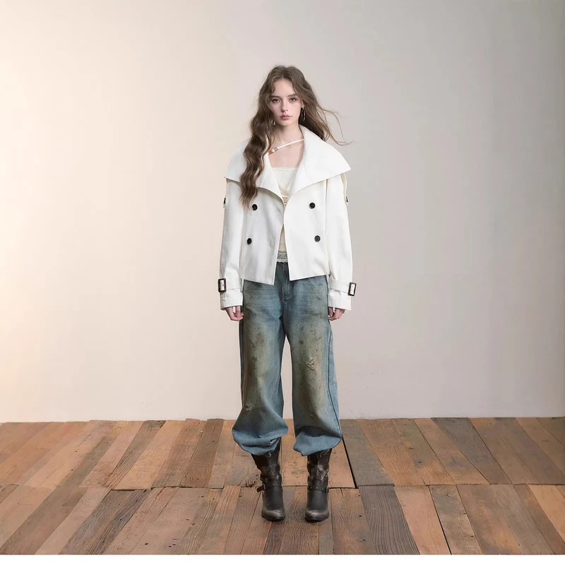 Damen Oversized Doppelreihige Trench-Bomberjacke mit hohem Stehkragen Drune