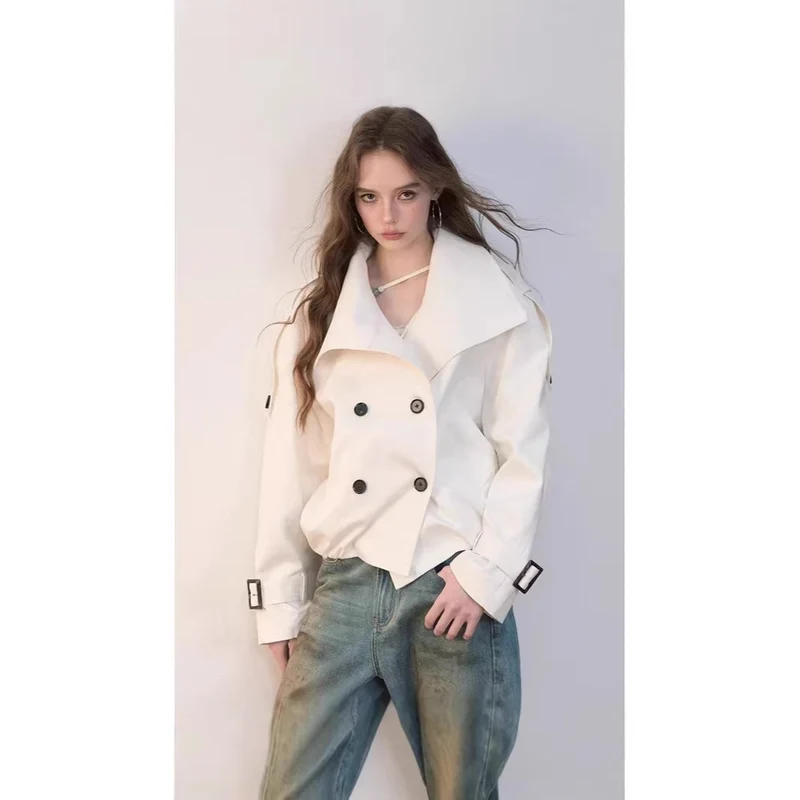 Damen Oversized Doppelreihige Trench-Bomberjacke mit hohem Stehkragen Drune