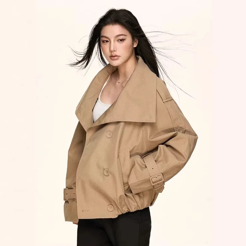 Damen Oversized Doppelreihige Trench-Bomberjacke mit hohem Stehkragen Drune