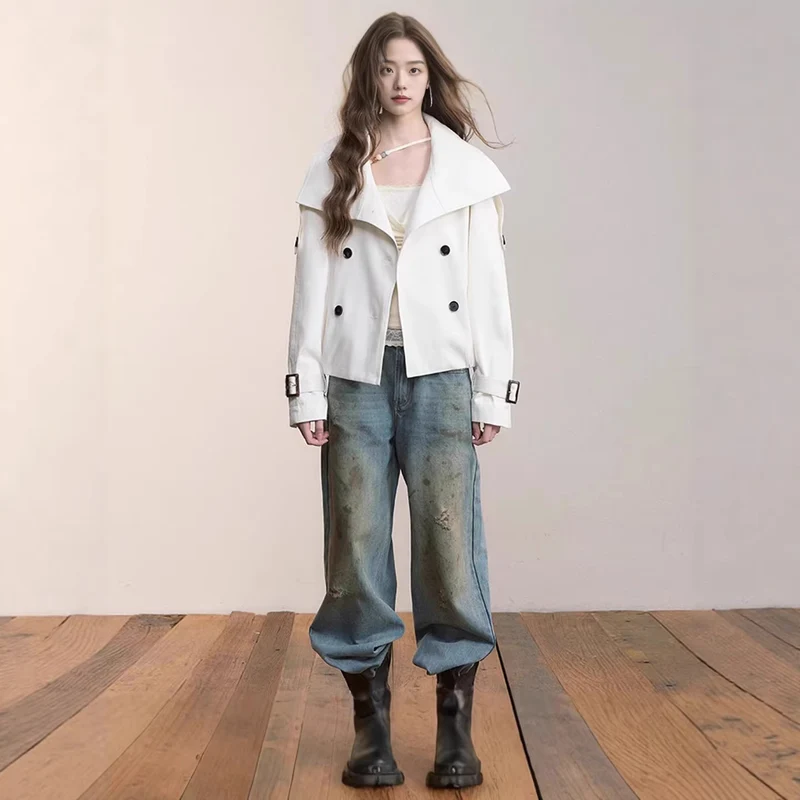 Damen Oversized Doppelreihige Trench-Bomberjacke mit hohem Stehkragen Drune
