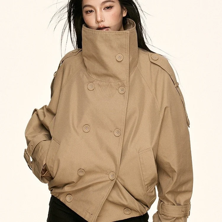 Damen Oversized Doppelreihige Trench-Bomberjacke mit hohem Stehkragen Drune