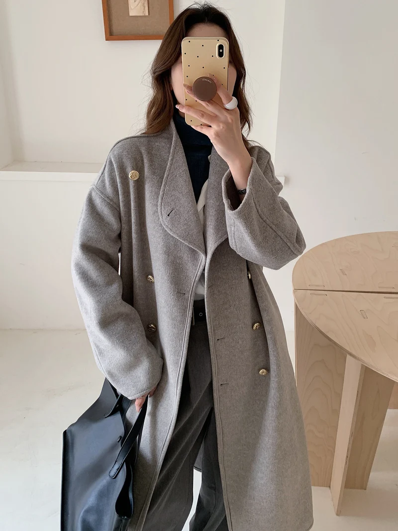 Damen Oversize Wollmix-Mantel mit doppelreihiger Knopfleiste, Stehkragen und überschnittener Schulter Drune