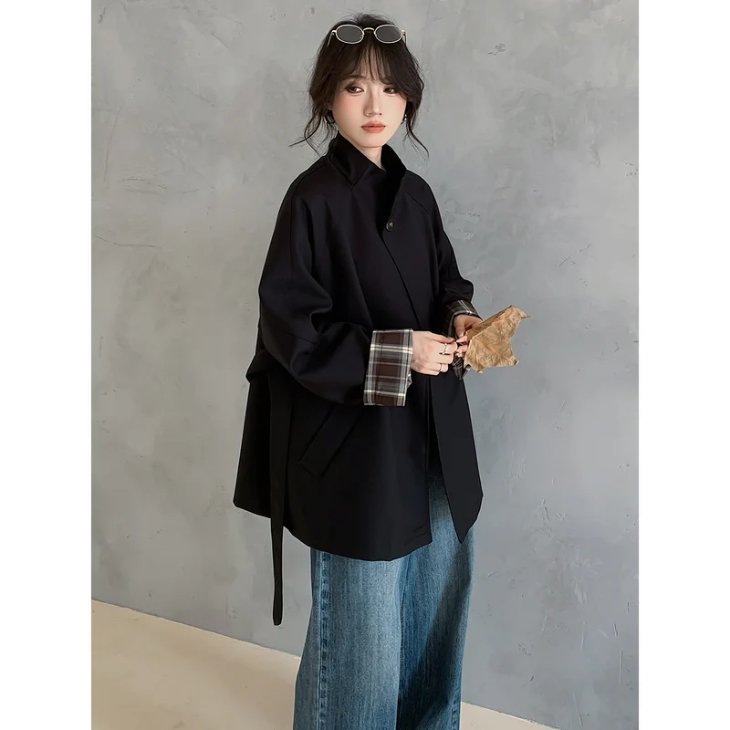 Damen Oversize Trenchcoat mit Taillengürtel und karierter Ärmelaufschlag Drune