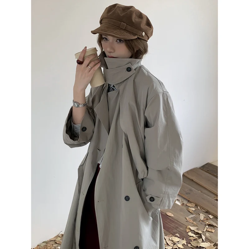 Damen Oversize Trenchcoat mit hohem Stehkragen und doppelreihiger Knopfleiste Drune