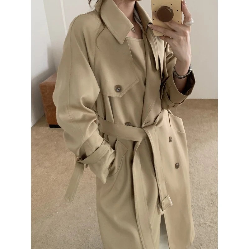 Damen Oversize Trenchcoat mit Doppelreihe, Taillengürtel und Epauletten Drune