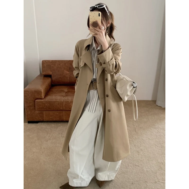 Damen Oversize Trenchcoat mit Doppelreihe, Taillengürtel und Epauletten Drune