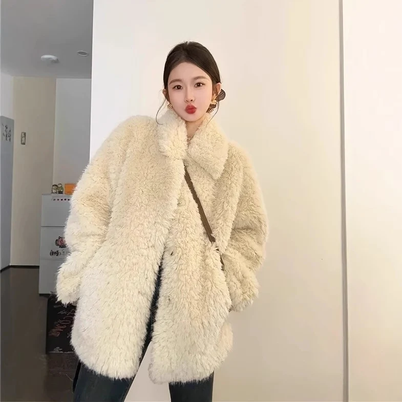 Damen Oversize Teddyfell‑Mantel mit Schalkragen und verdeckter Knopfleiste Drune