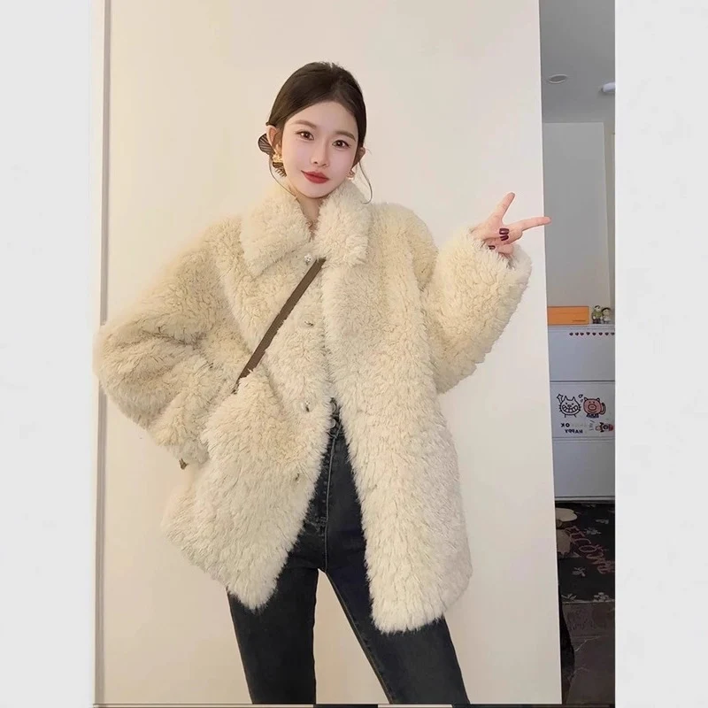 Damen Oversize Teddyfell‑Mantel mit Schalkragen und verdeckter Knopfleiste Drune