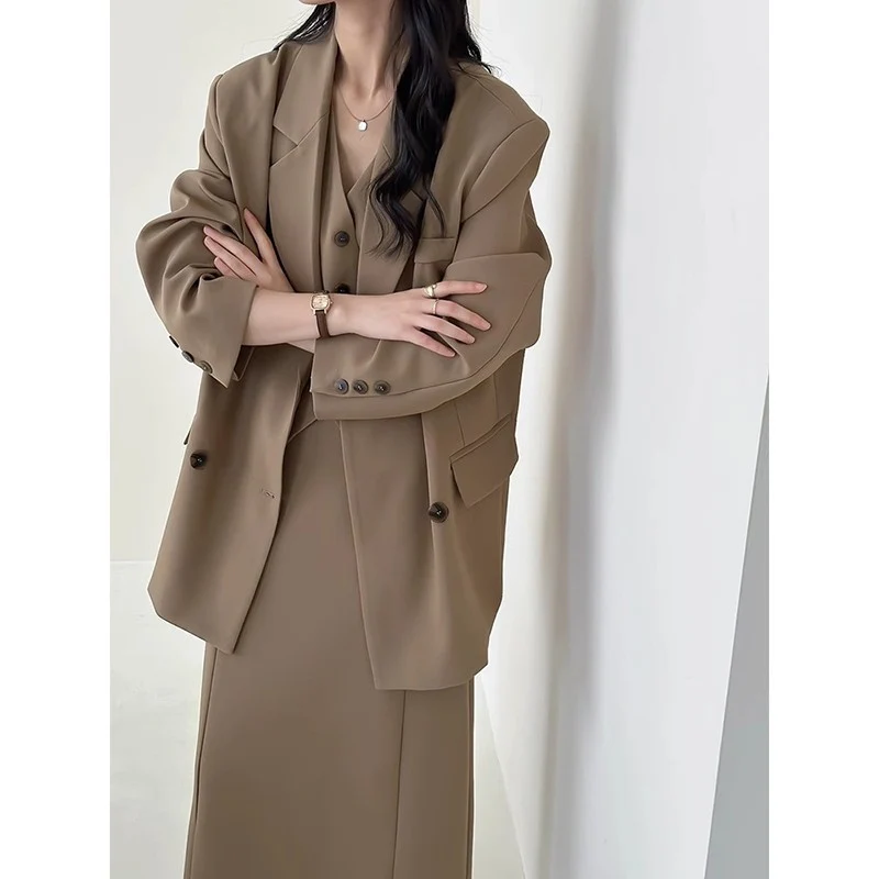 Damen Oversize-Sakko mit kastiger Weste und knöchellangem Midirock Drune
