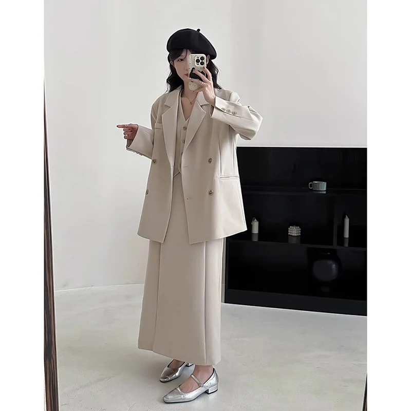 Damen Oversize-Sakko mit kastiger Weste und knöchellangem Midirock Drune