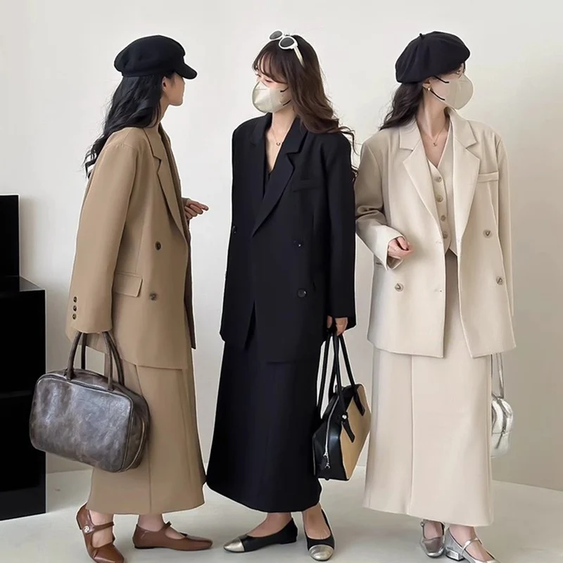 Damen Oversize-Sakko mit kastiger Weste und knöchellangem Midirock Drune