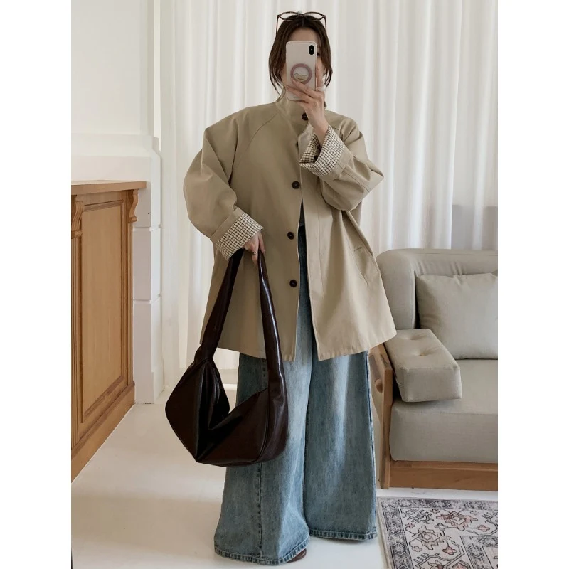Damen Oversize-Mantel mit Stehkragen und kariertem Ärmelsaum Drune