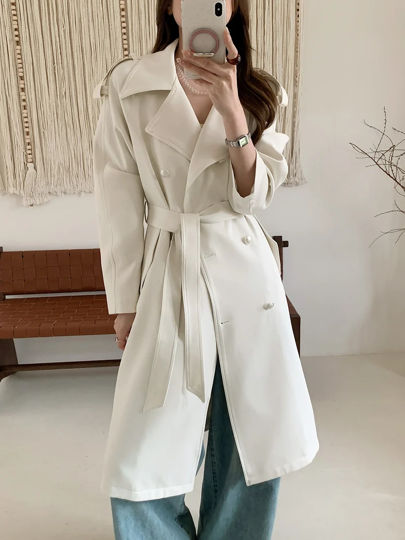 Damen Midilanger Trenchcoat mit Oversize-Schultern und Perlmuttknöpfen Drune
