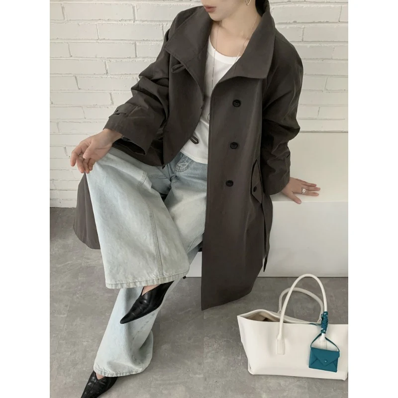Damen Midilanger Trenchcoat mit hohem Stehkragen, Bindegürtel und lässiger Oversize-Silhouette Drune
