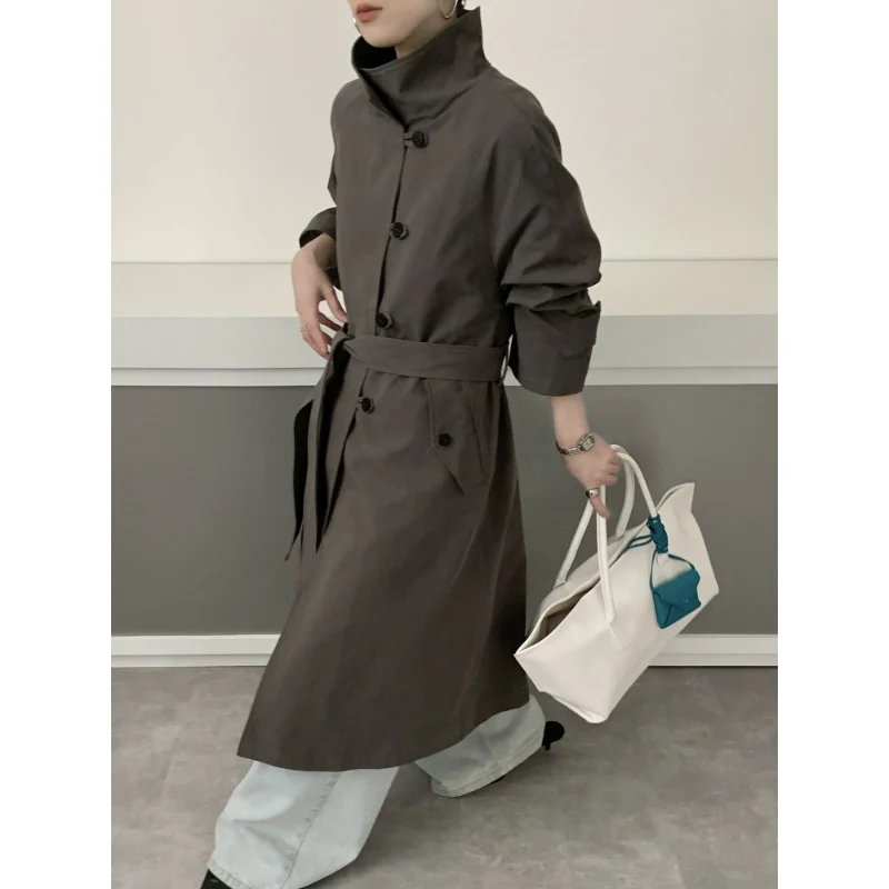 Damen Midilanger Trenchcoat mit hohem Stehkragen, Bindegürtel und lässiger Oversize-Silhouette Drune