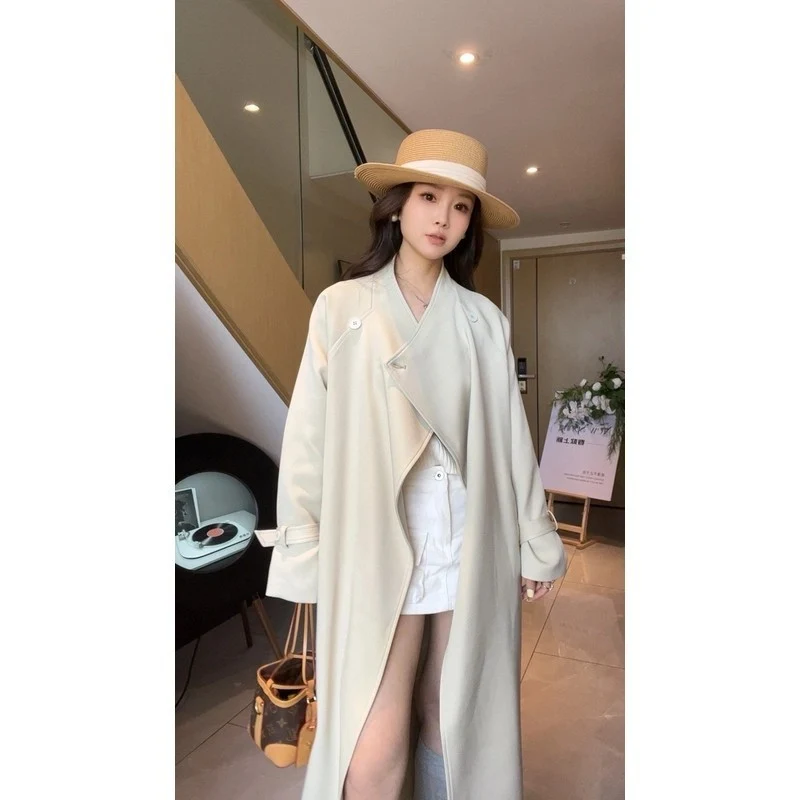 Damen Maxi-Trenchcoat mit Wasserfallkragen und gerafften Ärmeln Drune