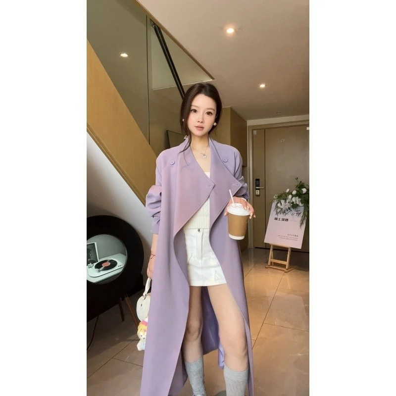 Damen Maxi-Trenchcoat mit Wasserfallkragen und gerafften Ärmeln Drune
