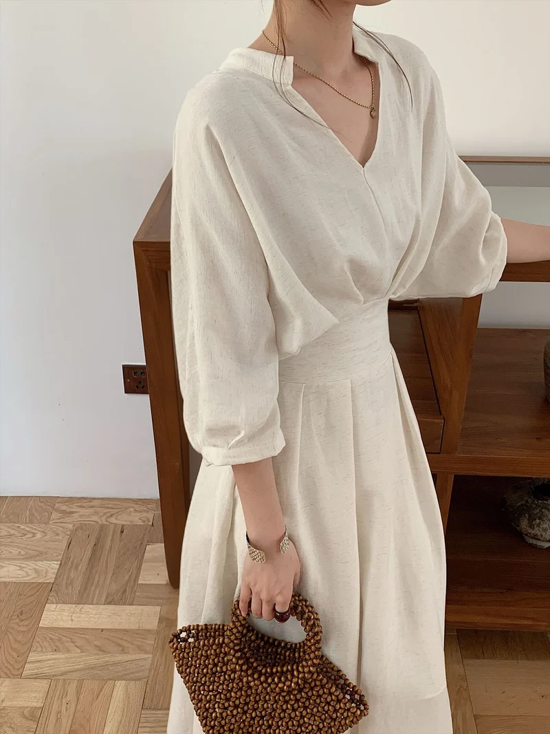 Damen Leinenoptik Midikleid mit V-Ausschnitt dreiviertel Ärmeln und taillierter Taille Drune