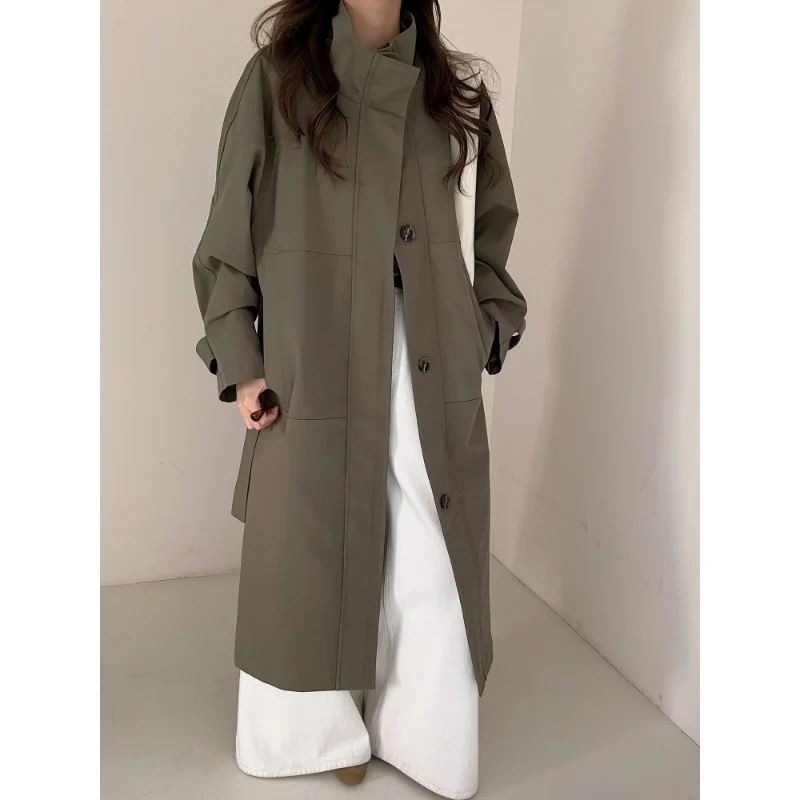 Damen Leichter Oversize-Trenchcoat mit Stehkragen und großen Eingrifftaschen Drune