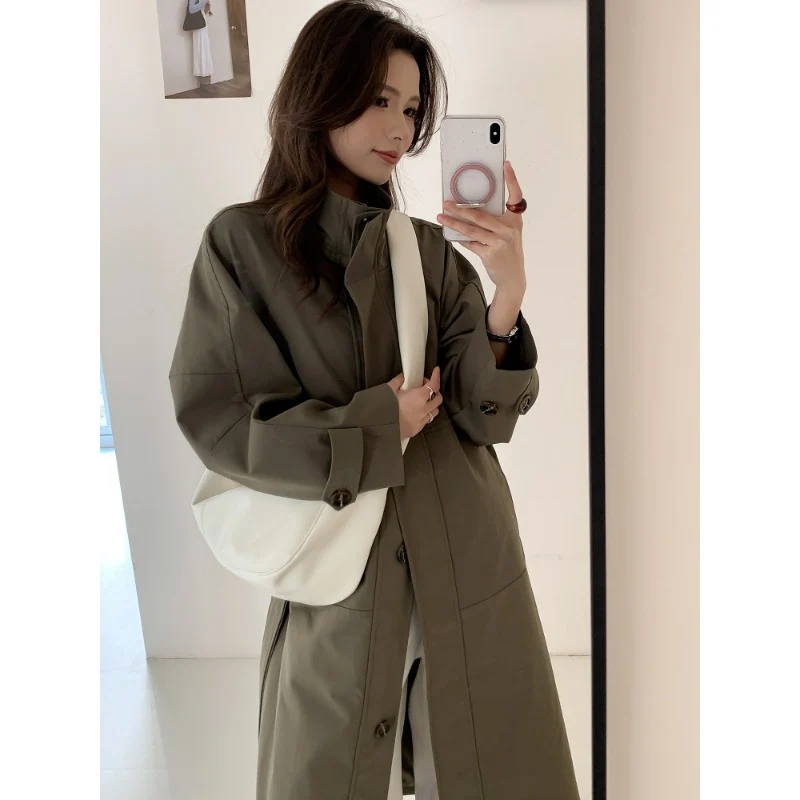Damen Leichter Oversize-Trenchcoat mit Stehkragen und großen Eingrifftaschen Drune