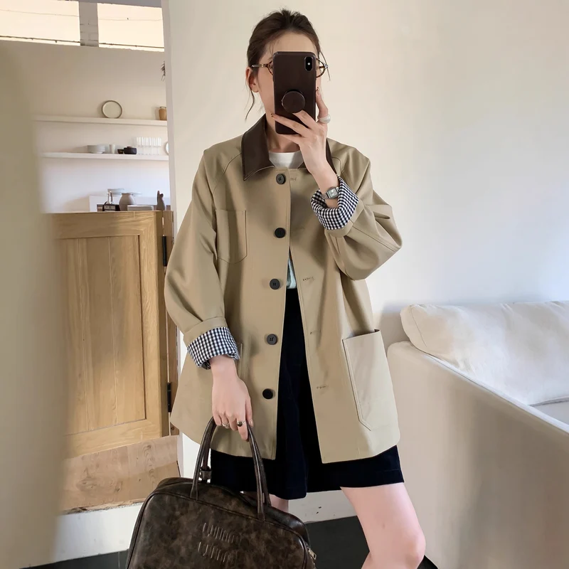 Damen Leichte Oversize-Übergangsjacke mit Kontrastkragen und kariertem Ärmelsaum Drune