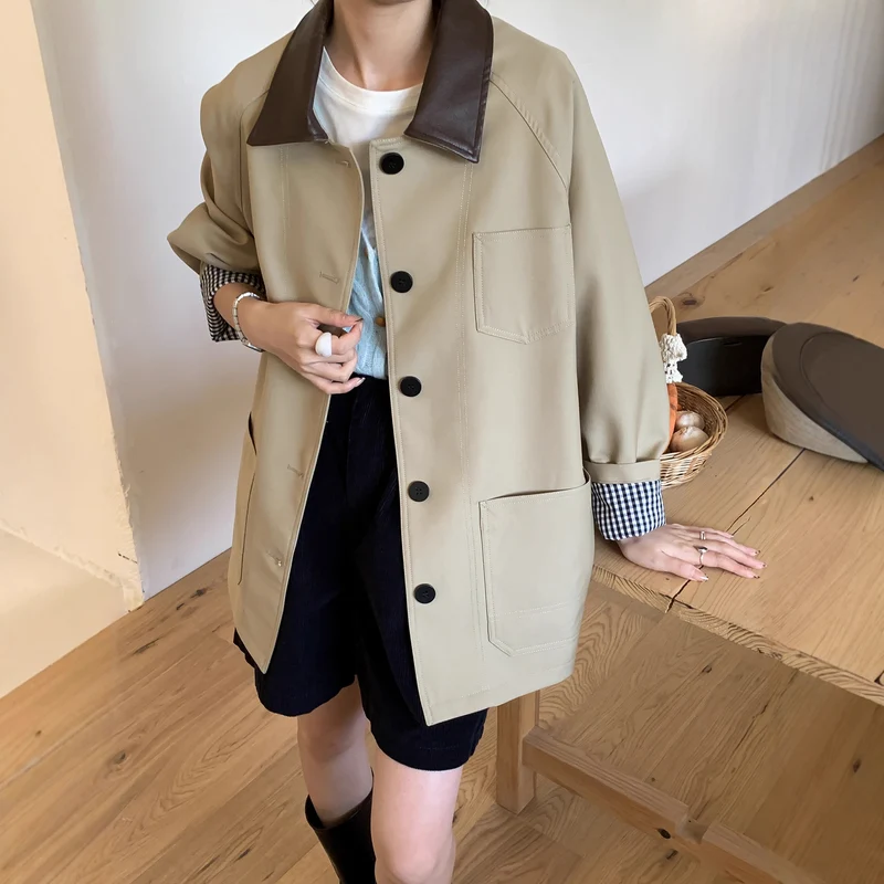 Damen Leichte Oversize-Übergangsjacke mit Kontrastkragen und kariertem Ärmelsaum Drune