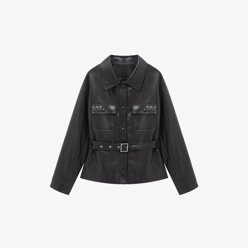 Damen Lederjacke mit Taillengürtel und aufgesetzten Pattentaschen Drune