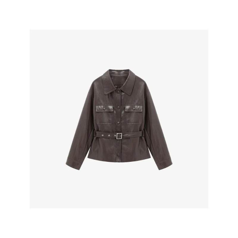 Damen Lederjacke im Oversize-Utility-Stil mit Taillengürtel Drune