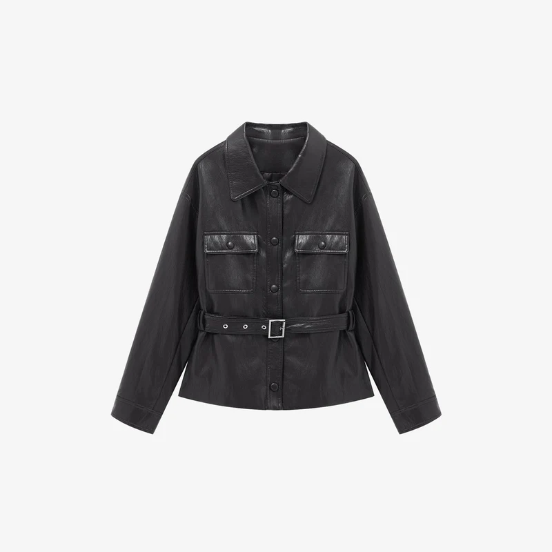Damen Lederjacke im Oversize-Utility-Stil mit Taillengürtel Drune