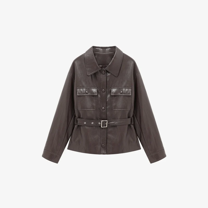 Damen Lederjacke im Oversize-Utility-Stil mit Taillengürtel Drune