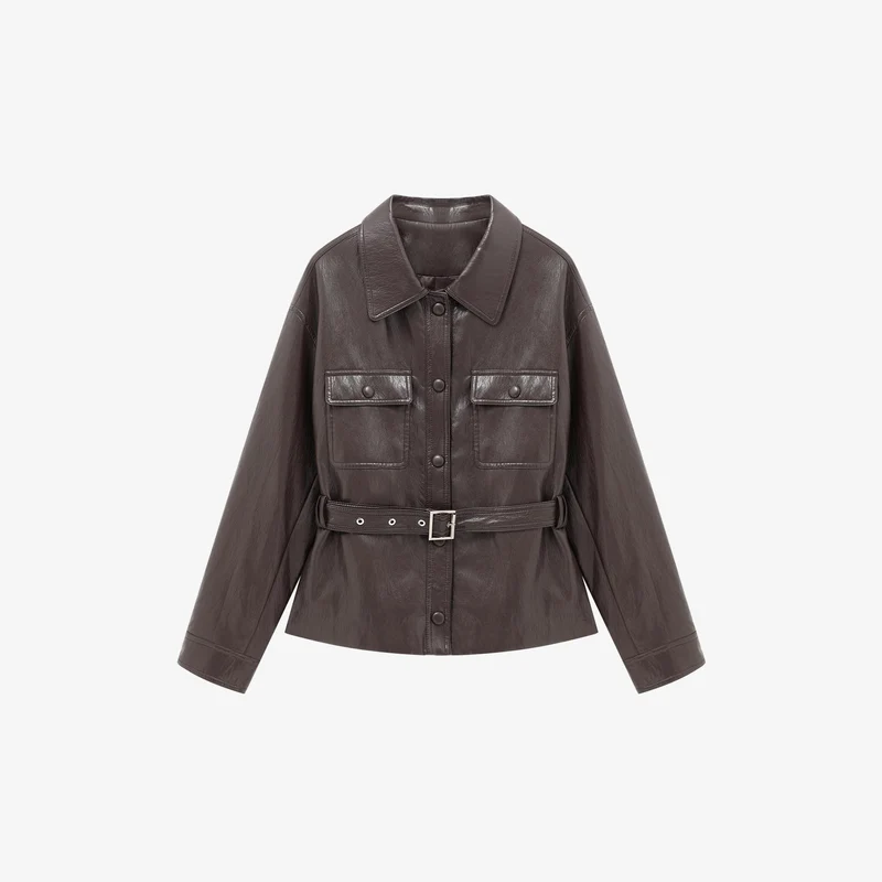 Damen Lederjacke im Oversize-Utility-Stil mit Taillengürtel Drune
