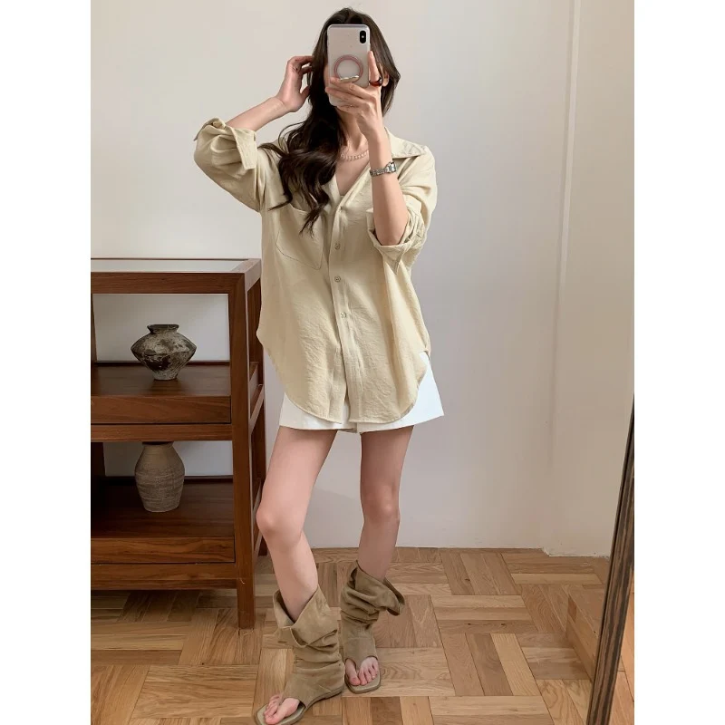 Damen Lässiges Leinenoptik-Longshirt mit Oversize-Schnitt und Brusttasche Drune
