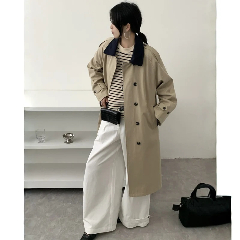 Damen Langer Wasserabweisender Trenchcoat mit Rückencape und Stehkragen Drune