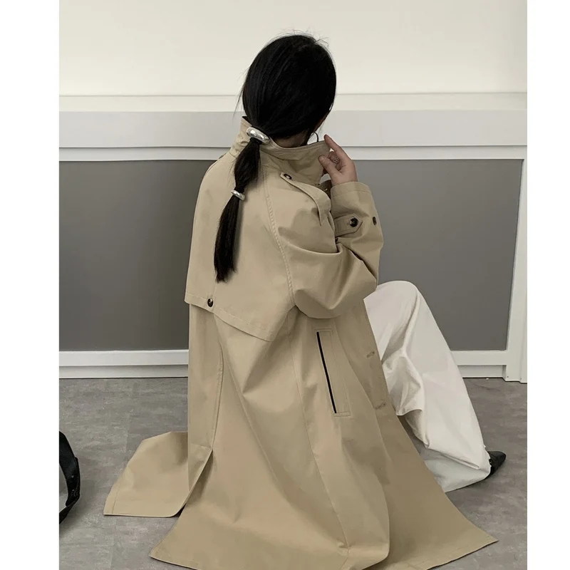 Damen Langer Wasserabweisender Trenchcoat mit Rückencape und Stehkragen Drune